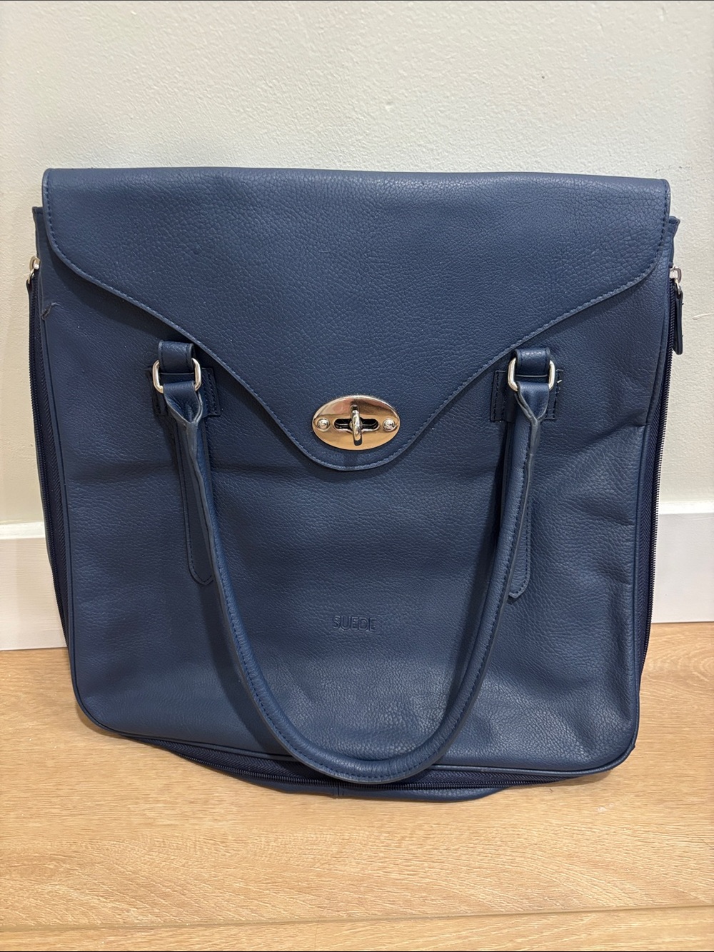 Blue Suede Leather Tote Bag with Turn-Lock Closure